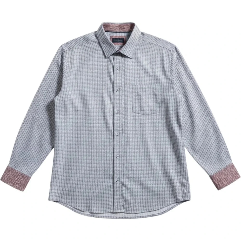 Johnston & Murphy Mens XL Blue Micro Check Button Down Shirt Long Sleeve Cotton